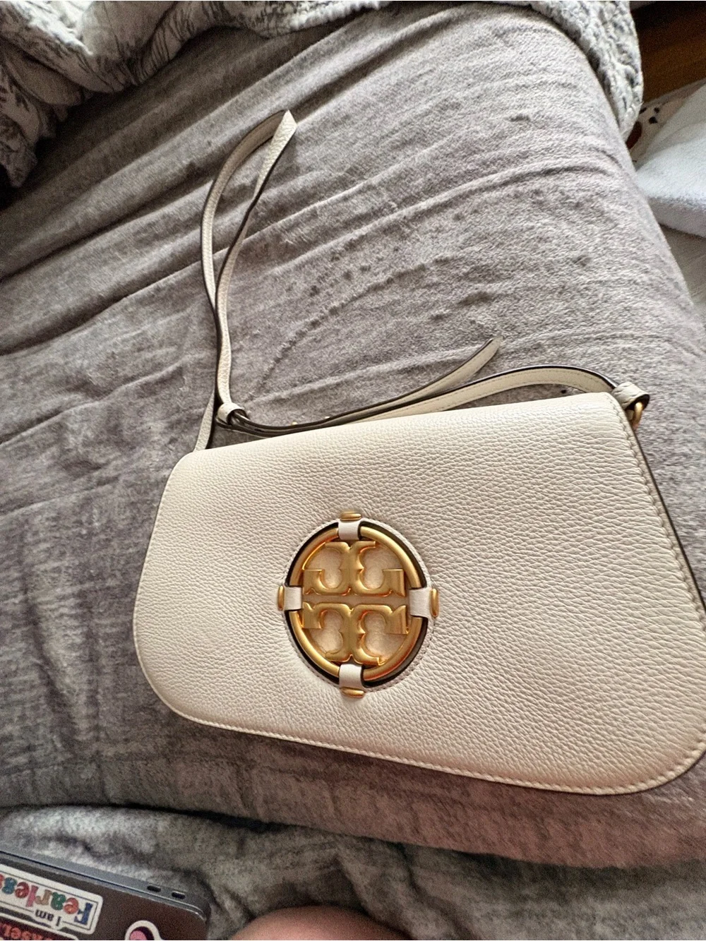 Tory Burch Cream Leather Crossbody with Gold Logo Hardware